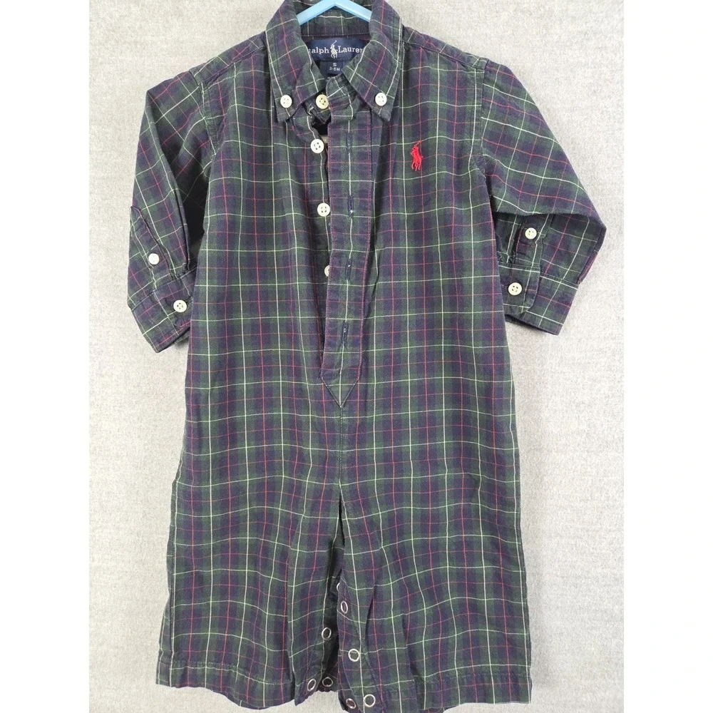 Ralph Lauren Baby Boy 3-6 Months Plaid Romper Jumpsuit Blue Green Pony Logo